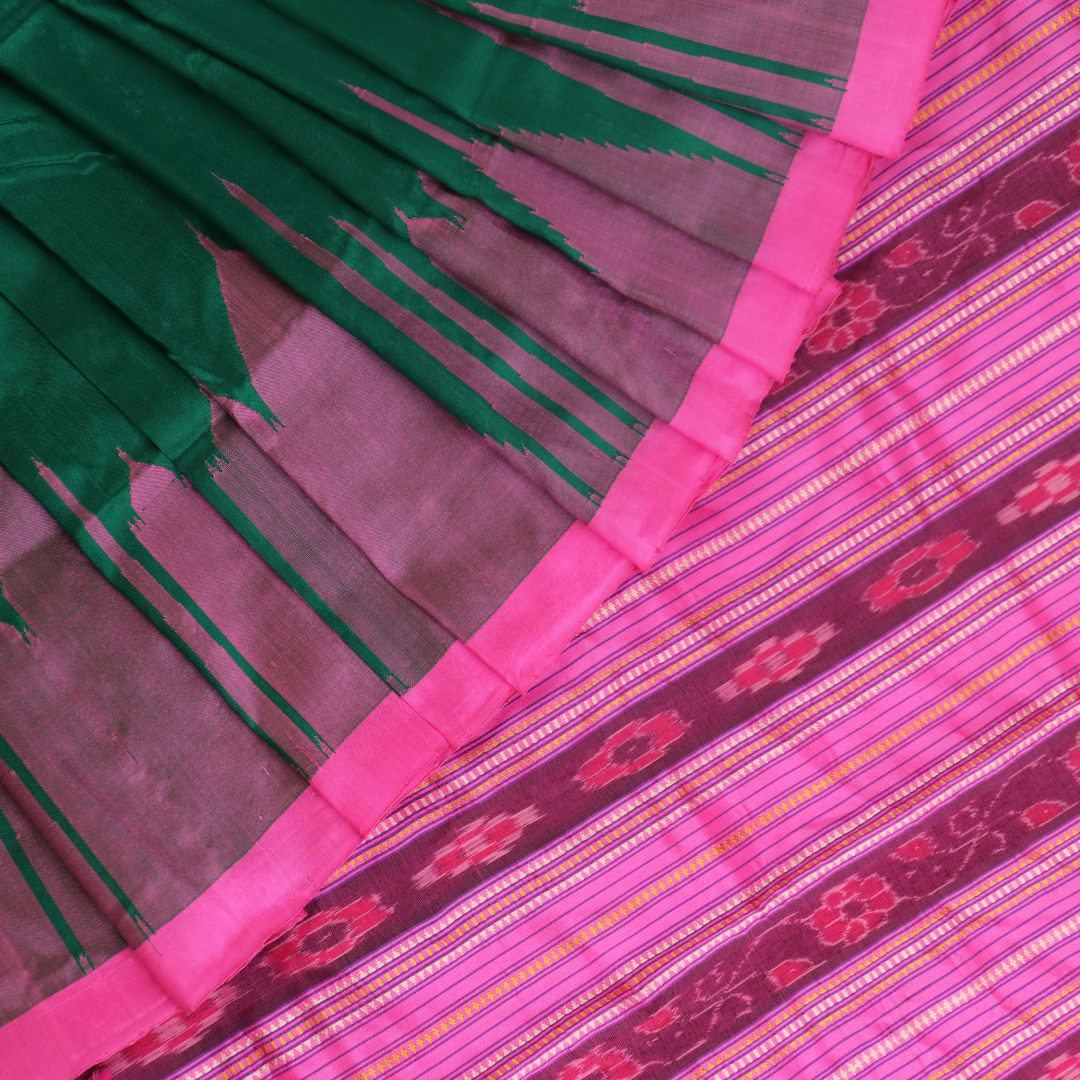 Handloom Green Sambalpuri Silk Saree with Pink border