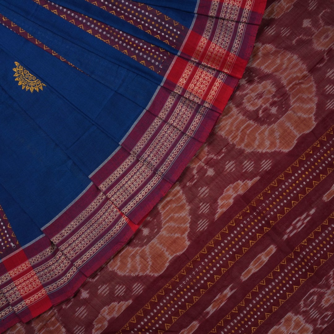 Full layout of the blue Bomkai cotton saree with red border and butta motifs, showcasing the entire design.