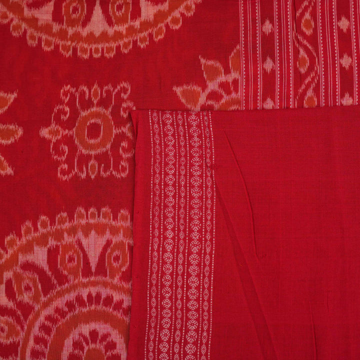 Full layout view of the yellow and red Sambalpuri cotton saree showcasing the complete body and border.