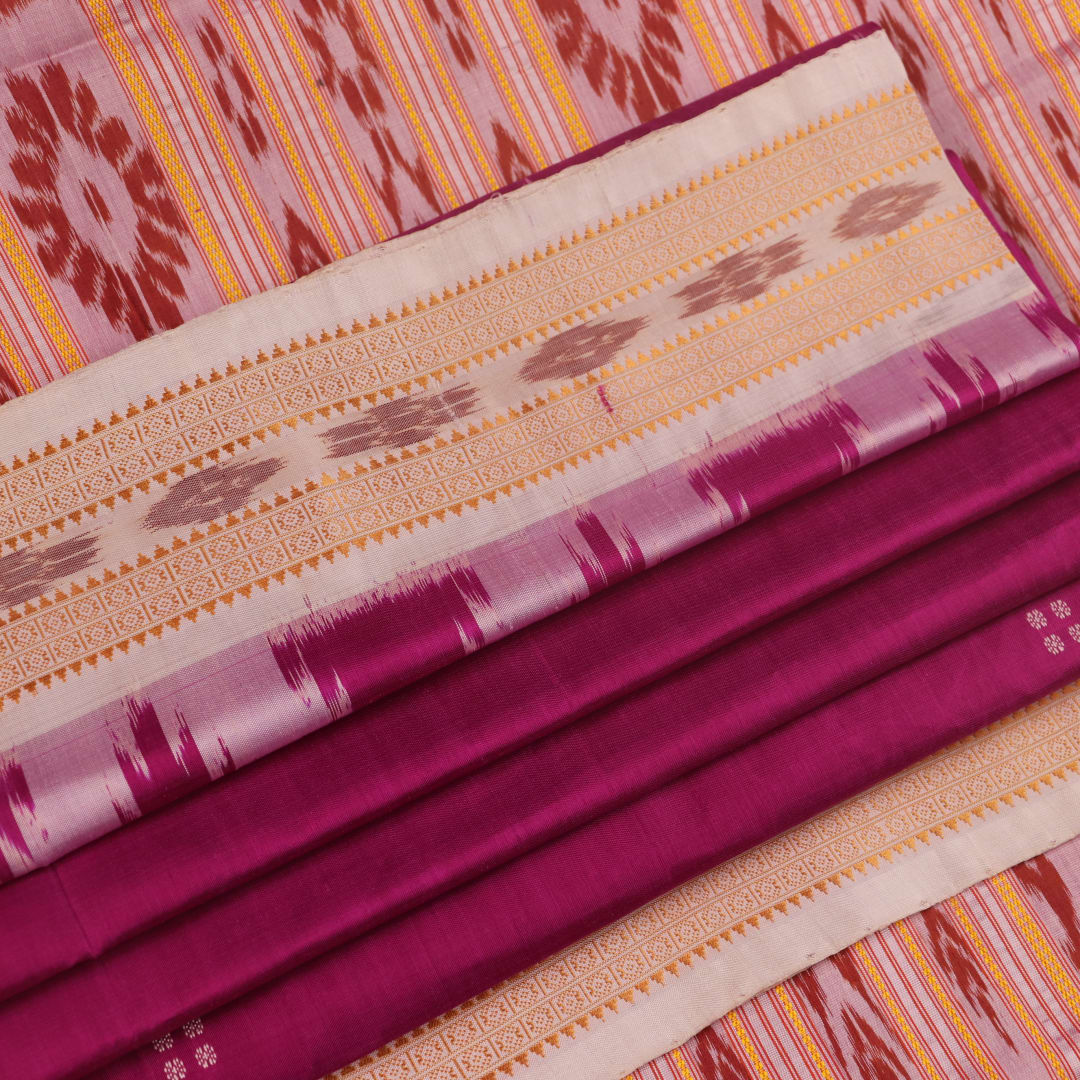 Pink Khandua silk saree styled; showing drape and overall look of the handloom saree.