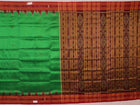 Green Khandua silk saree, styled or draped to show its overall look and fall.