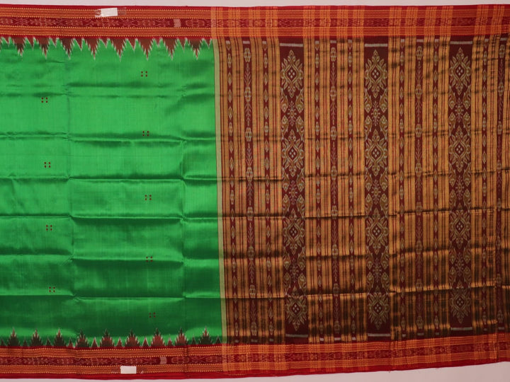 Green Khandua silk saree, styled or draped to show its overall look and fall.
