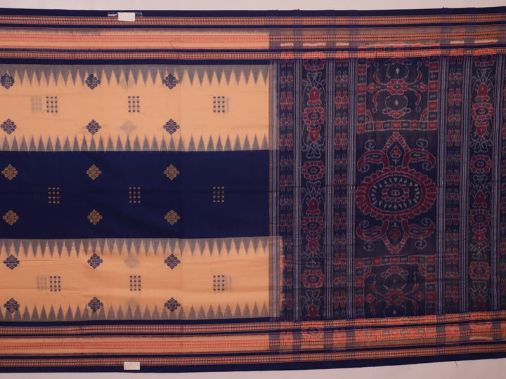 Cream cotton Bomkai saree with blue butta pattern, full view.