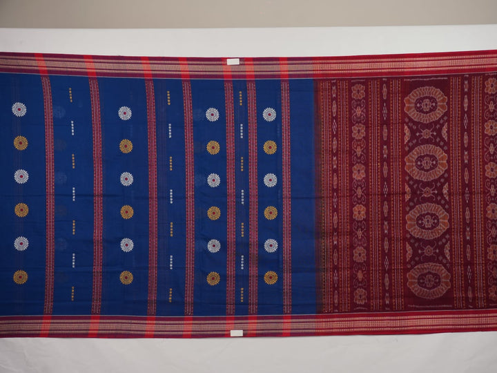 Full layout of the blue and maroon Bomkai cotton saree revealing the complete butta pattern and contrast border.