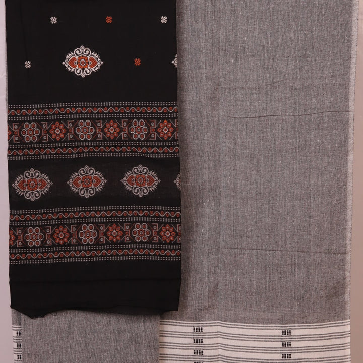 Detailed view of the matching black and grey Bomkai Cotton blouse piece with subtle weave pattern.