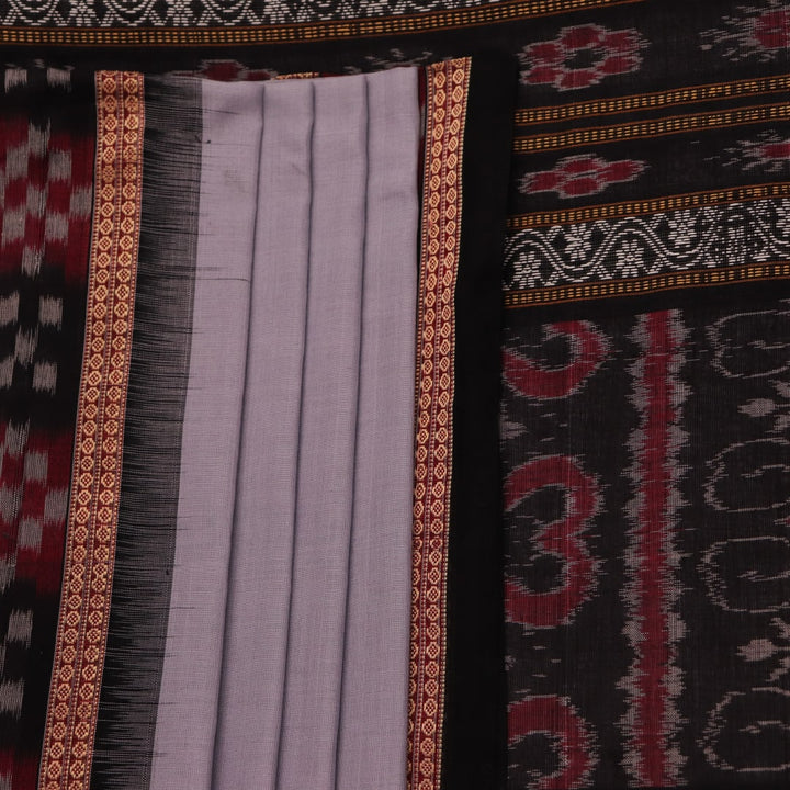 Full view of a grey cotton Sambalpuri saree with black butta pattern