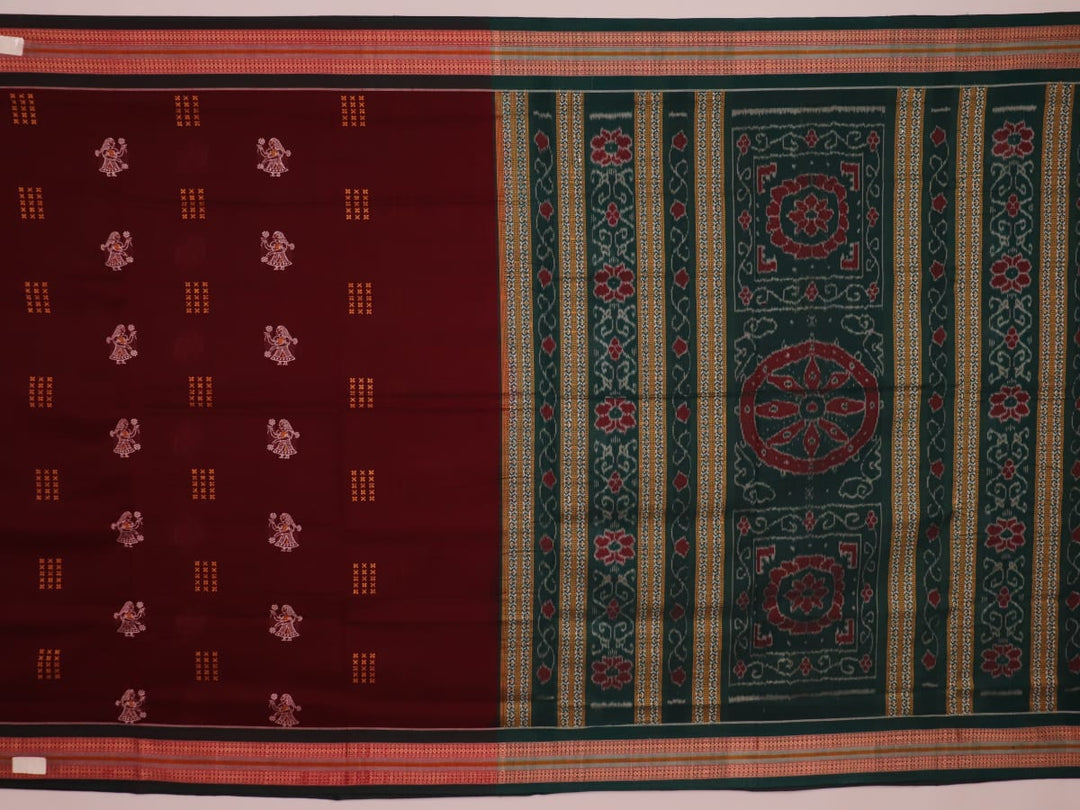 Full view of a maroon and green cotton Bomkai saree with a butta pattern.