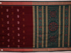 Full view of a maroon and green cotton Bomkai saree with a butta pattern.