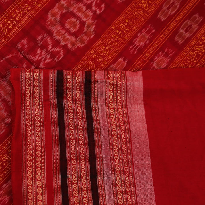 Full view of a multi-colored Bomkai cotton saree featuring a butta pattern with a red border.