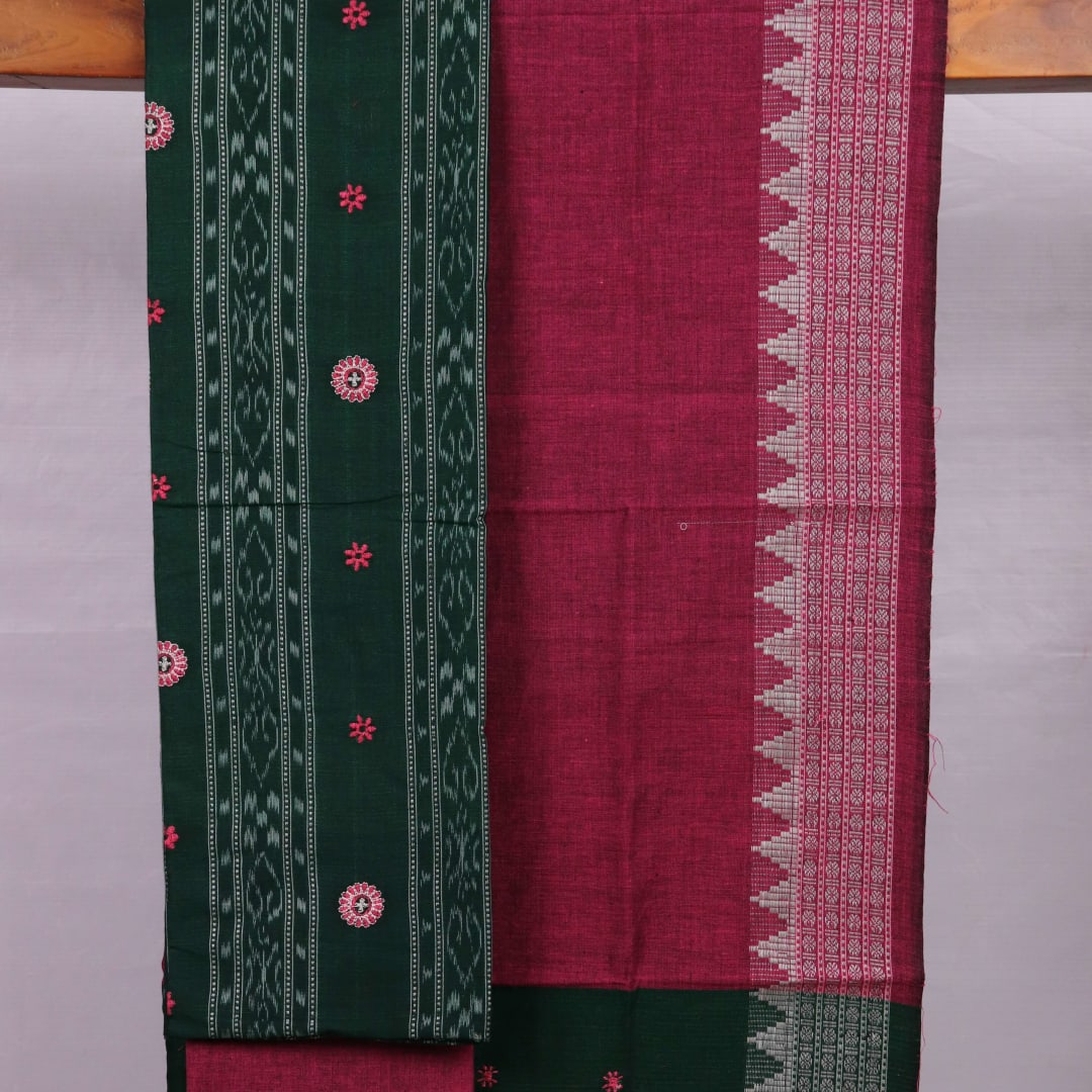 Close-up of blouse piece with Sambalpuri motifs in green and magenta cotton