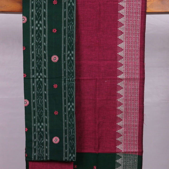 Close-up of blouse piece with Sambalpuri motifs in green and magenta cotton