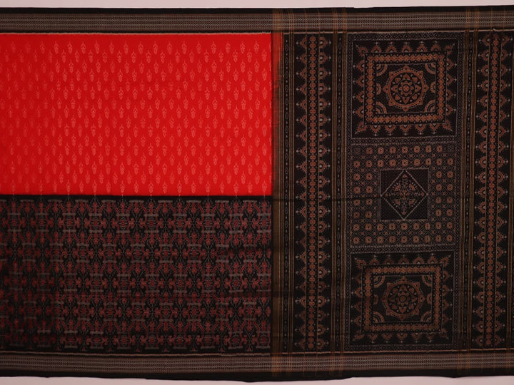 Full view of an orange and black Sambalpuri cotton saree with intricate motifs