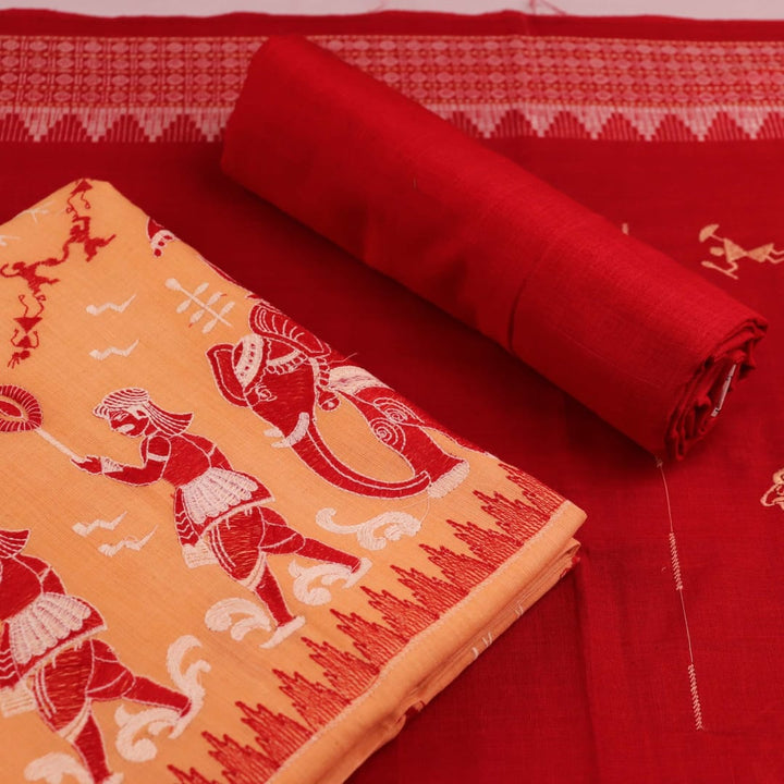 Close-up of blouse piece in brown cotton with red doll pattern