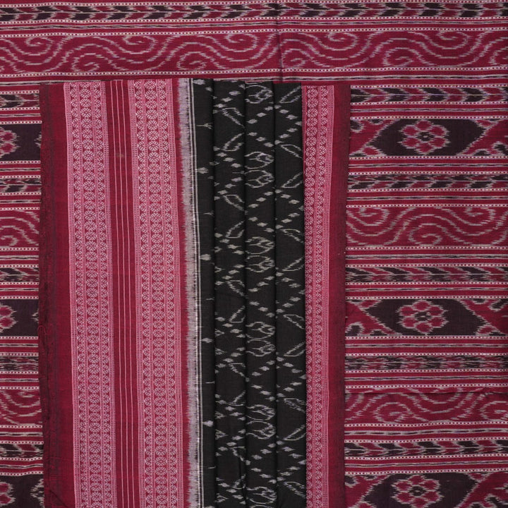 Full layout of black and maroon Sambalpuri cotton saree showing the body, pallu, and border design.