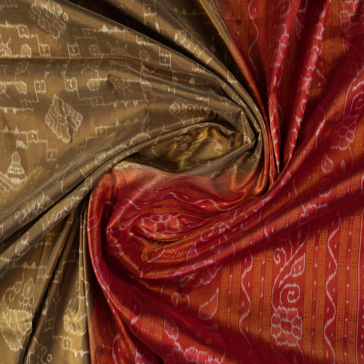 Ultra close-up of Sambalpuri silk saree fabric, showing luxurious texture and tissue motif weave.