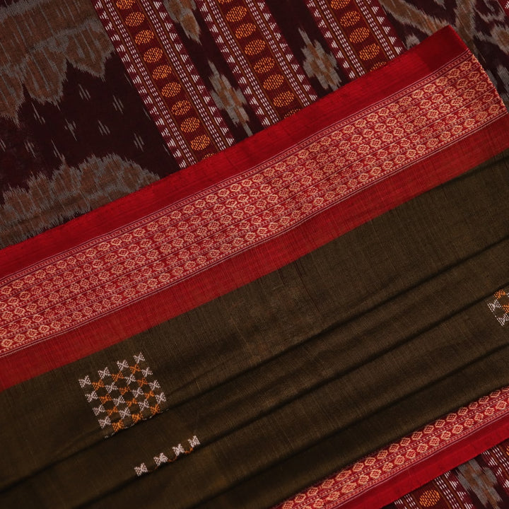 Full view of a green and red Bomkai cotton handloom saree with a butta pattern.