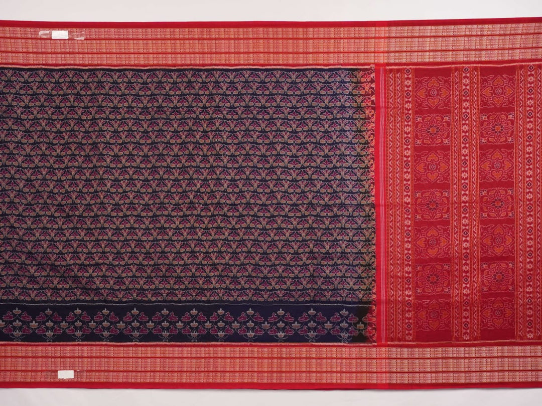Full layout of a blue and red Sambalpuri cotton saree showcasing the complete pattern and border design.