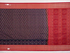 Full layout of a blue and red Sambalpuri cotton saree showcasing the complete pattern and border design.