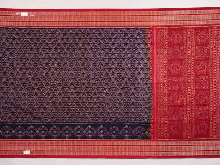 Full layout of a blue and red Sambalpuri cotton saree showcasing the complete pattern and border design.