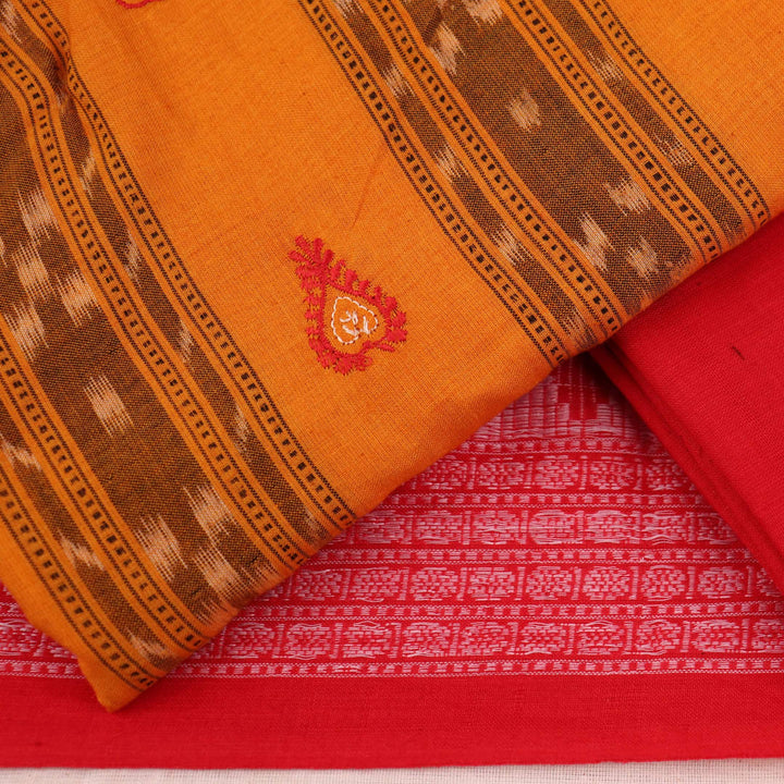 Yellow cotton Sambalpuri dress material with red motifs and intricate blouse piece.