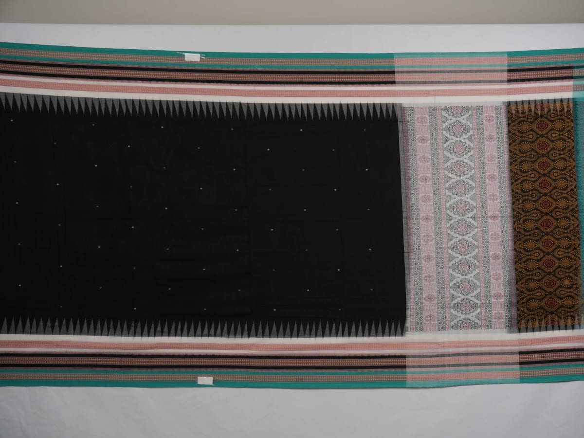 Full view of the black and green Bomkai cotton handloom saree showing the complete body, pallu, and border.