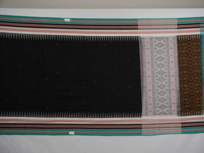 Full view of the black and green Bomkai cotton handloom saree showing the complete body, pallu, and border.