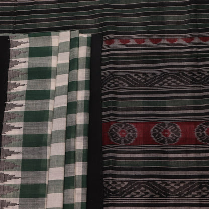Full view of a green and black Sambalpuri cotton saree with motifs.