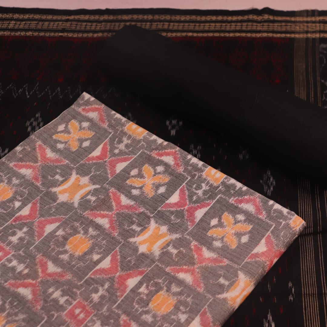 Grey and black Sambalpuri cotton dress material blouse piece with motifs.
