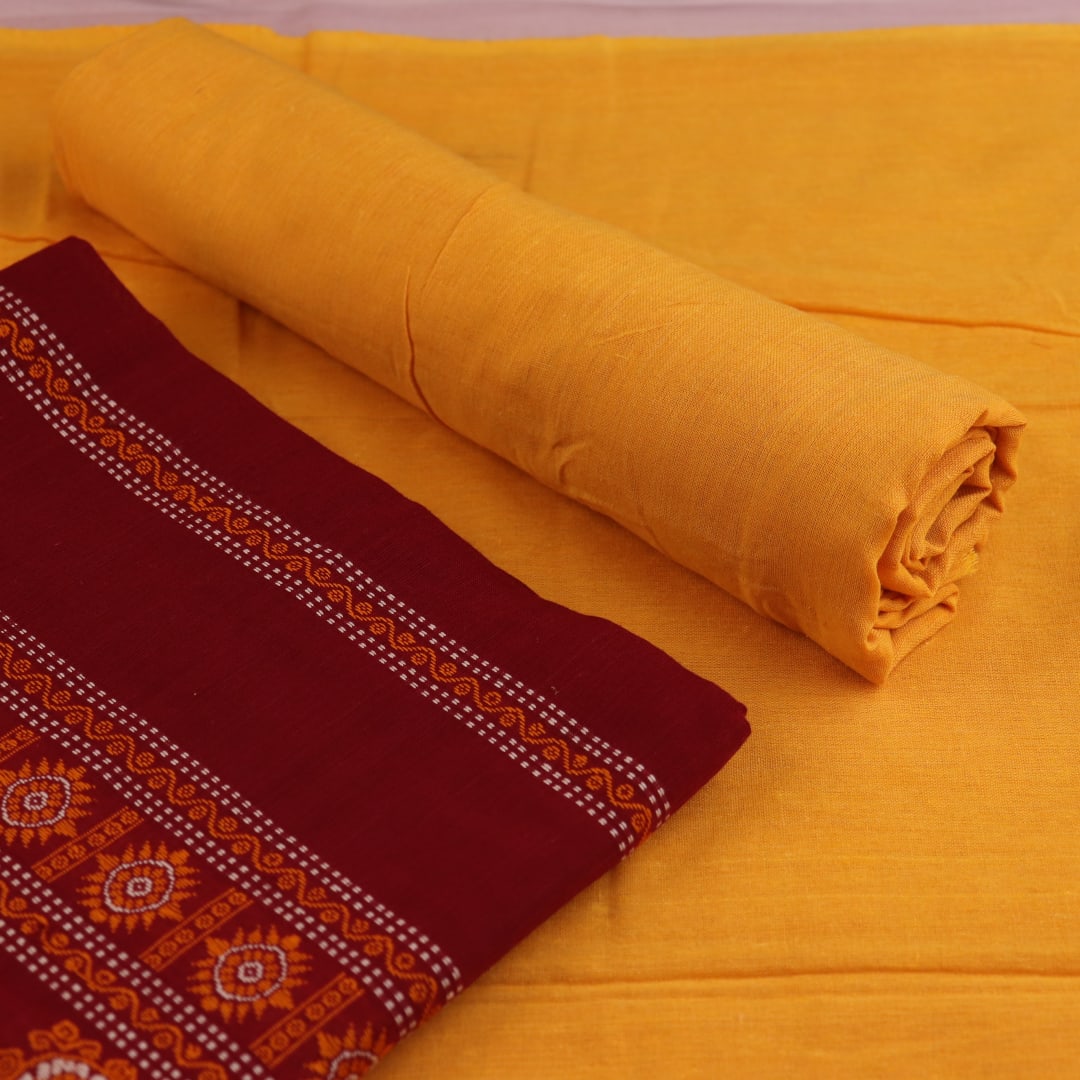 Maroon & yellow Bomkai cotton dress material: close-up of matching handloom blouse piece fabric.