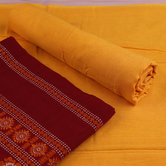 Handloom Maroon Bomkai Cotton Dress Material with Yellow border