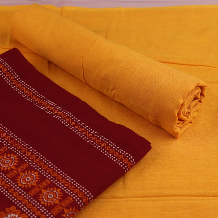 Maroon & yellow Bomkai cotton dress material: close-up of matching handloom blouse piece fabric.