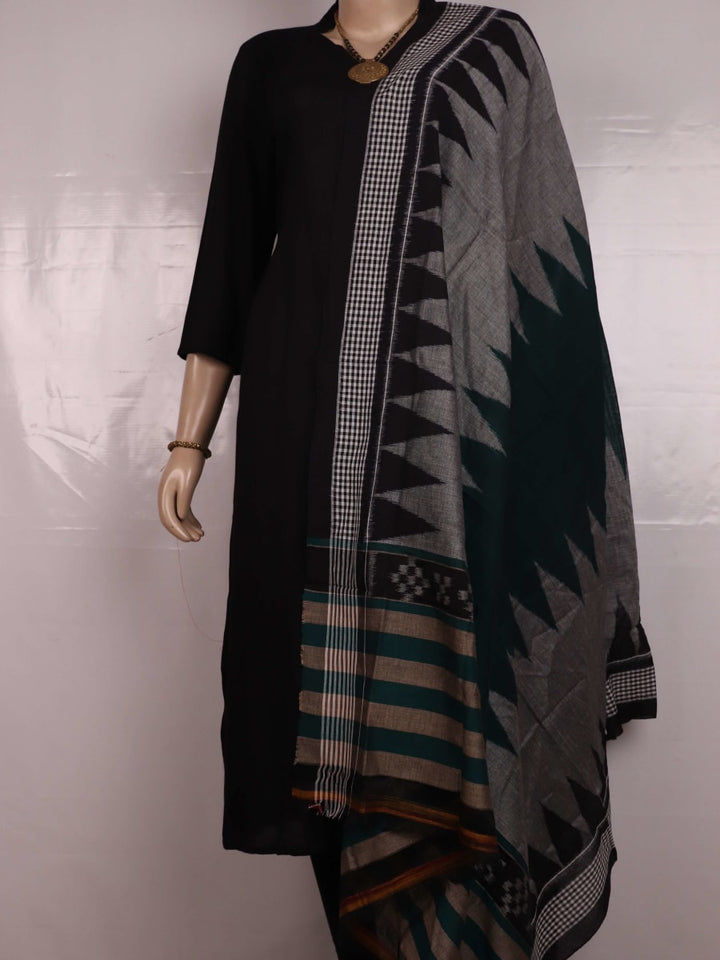 Green and black Sambalpuri cotton dupatta with plain body adorned by a black border