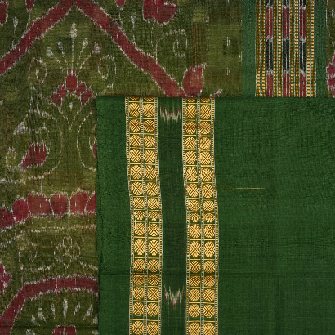 Full layout of a multi-color Sambalpuri cotton saree showcasing the green Pasapalli weave and borders.