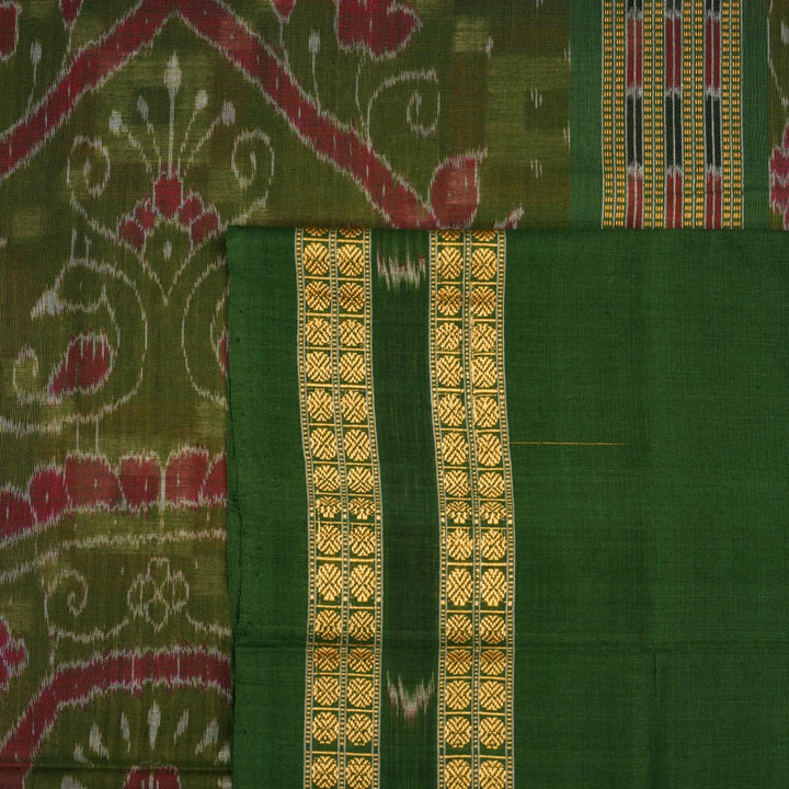Full layout of a multi-color Sambalpuri cotton saree showcasing the green Pasapalli weave and borders.