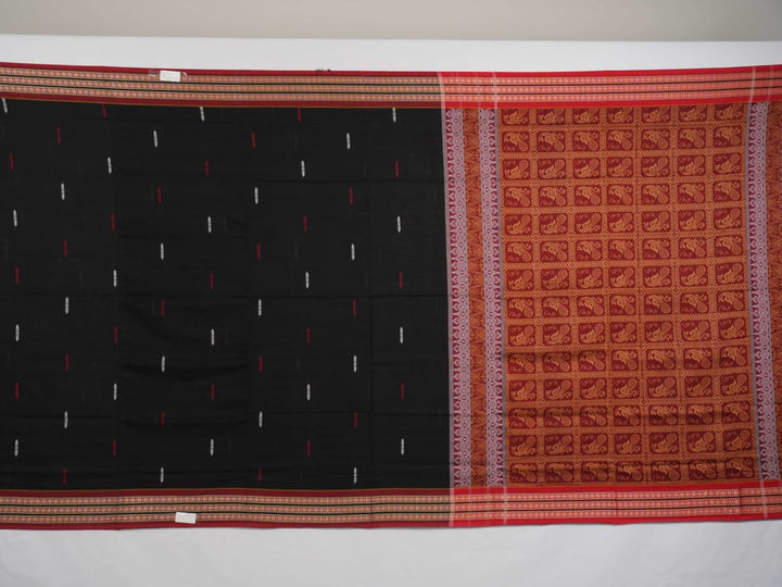 Full flat layout of the black and maroon Bomkai cotton saree with traditional butta patterns and pallu.