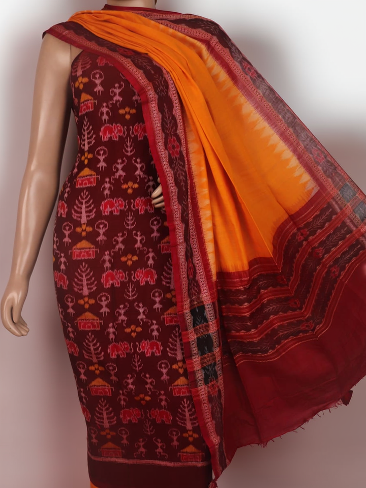 Detail of Sambalpuri cotton dress material blouse piece, maroon and yellow motifs.