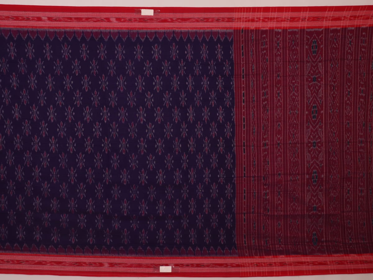 Blue Sambalpuri cotton saree draped, showcasing the overall styling and motifs.