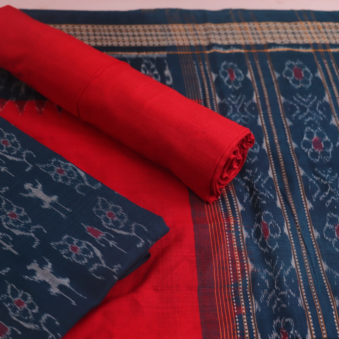 Blue Sambalpuri cotton dress material: Detail of red motif blouse piece.