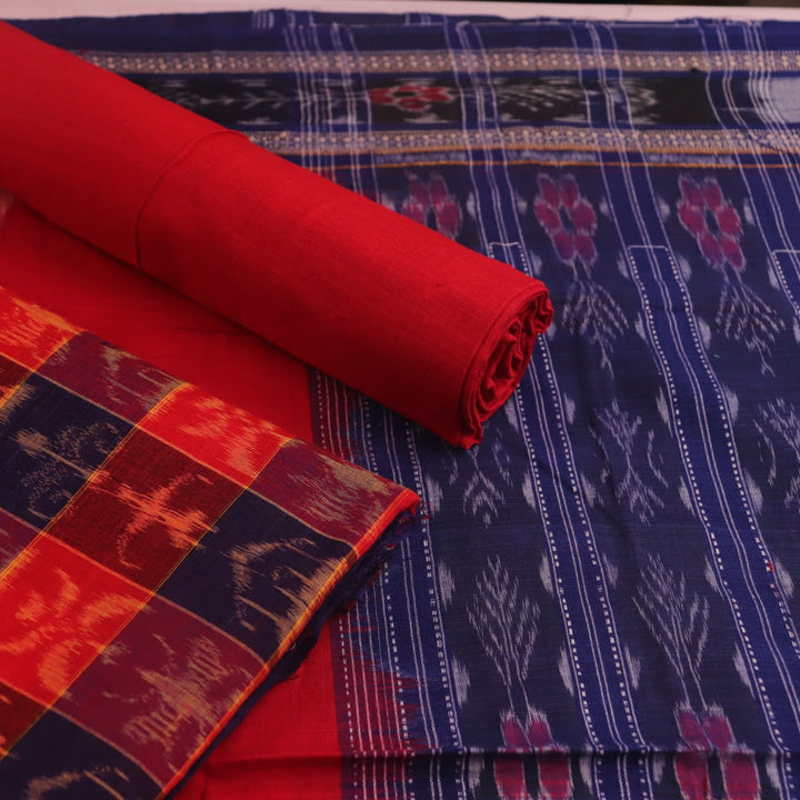 Detail of the red Sambalpuri cotton dress material's blouse piece with motifs.