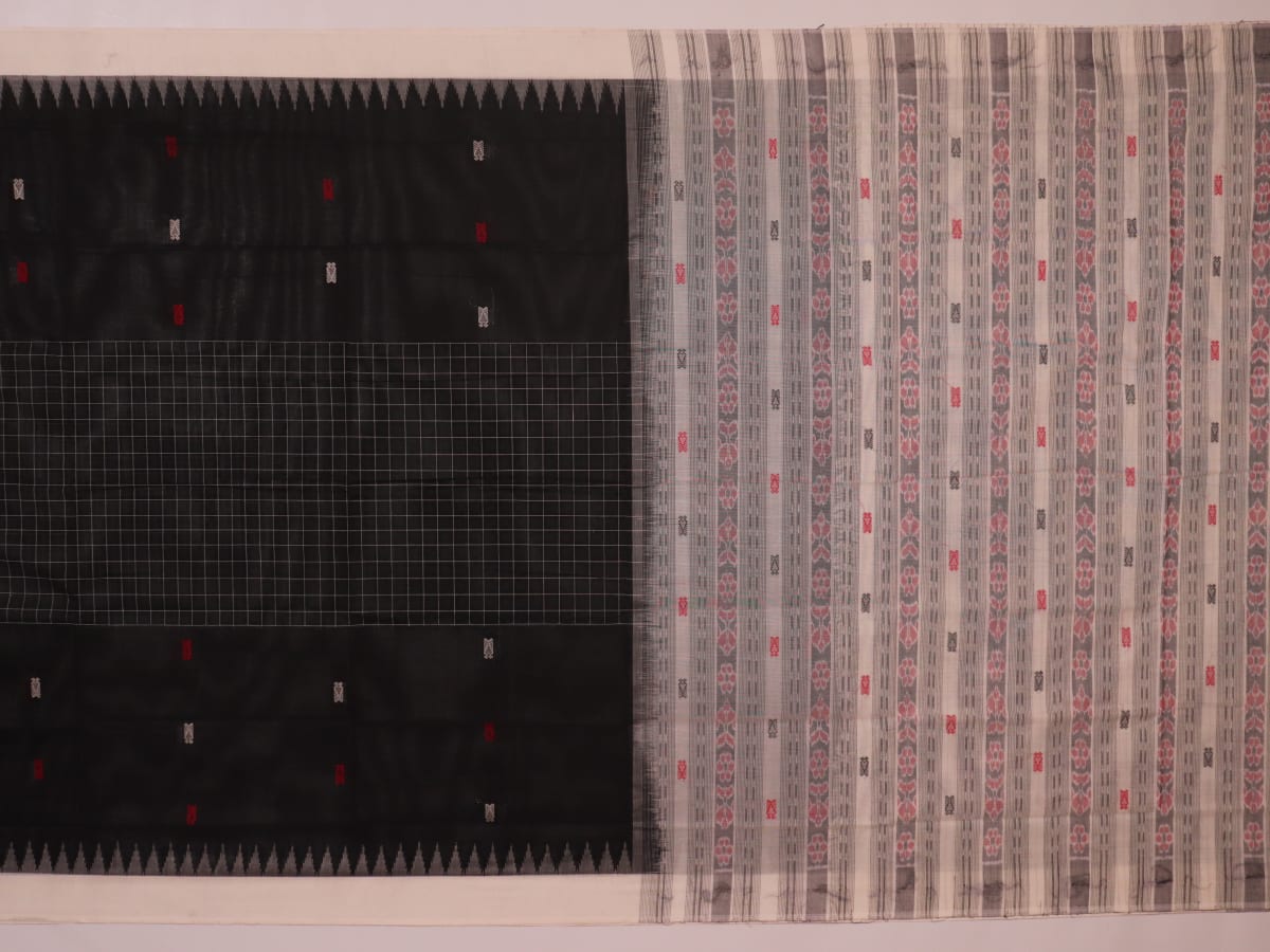 Full view of a Black and White Sambalpuri Cotton Saree with Butta pattern.
