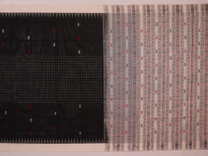 Full view of a Black and White Sambalpuri Cotton Saree with Butta pattern.
