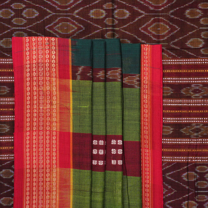 Full layout view of the multi-color striped Sambalpuri cotton saree with red border and pallu