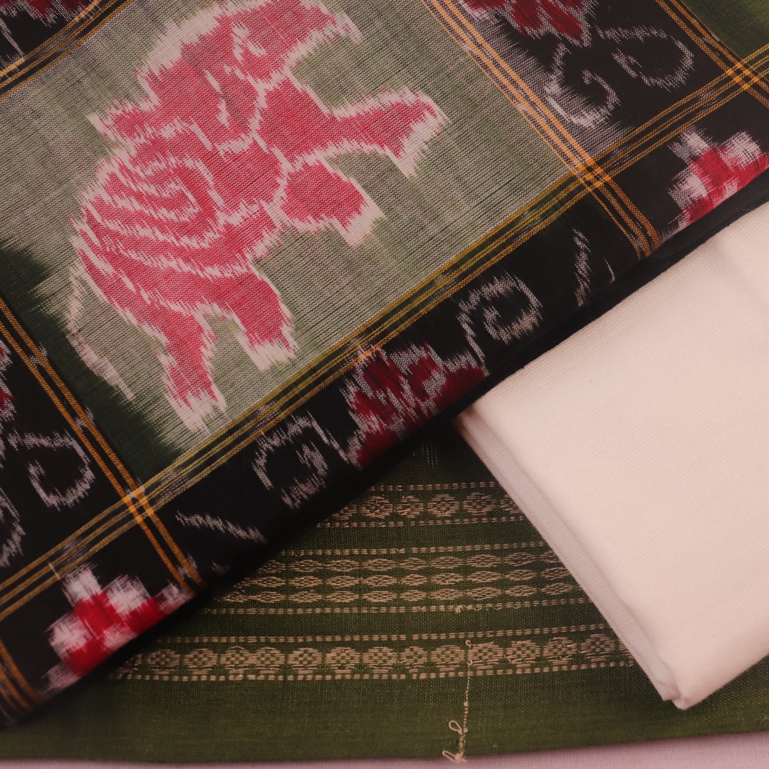 Detail of green and black Pasapalli Sambalpuri cotton dress material blouse piece.
