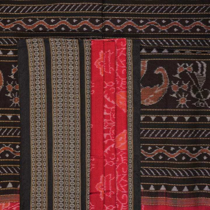 Flat layout view of the red and black Sambalpuri cotton saree showing the body, border, and pallu.
