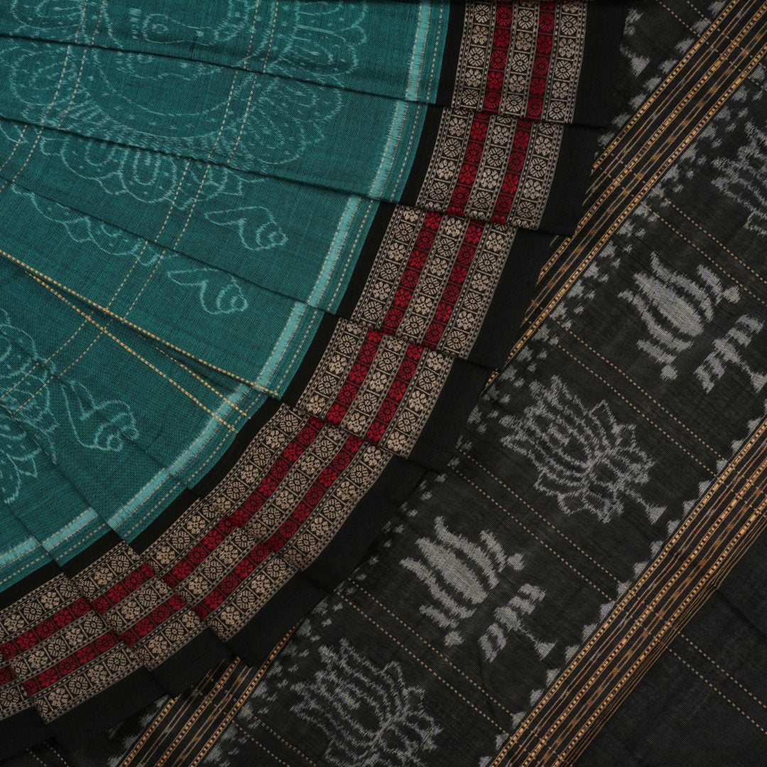 Handloom Green Sambalpuri Cotton Saree with Black border