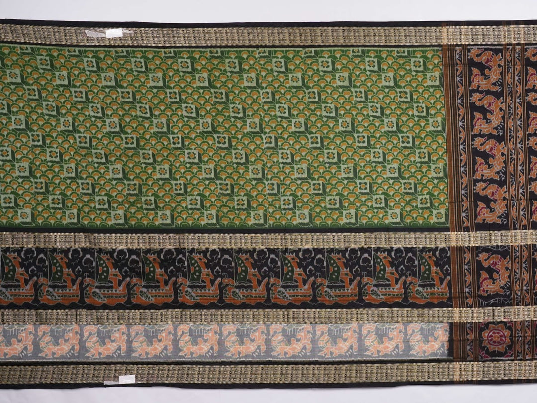 Full layout of green and black Sambalpuri cotton saree showcasing the complete pattern and motifs.