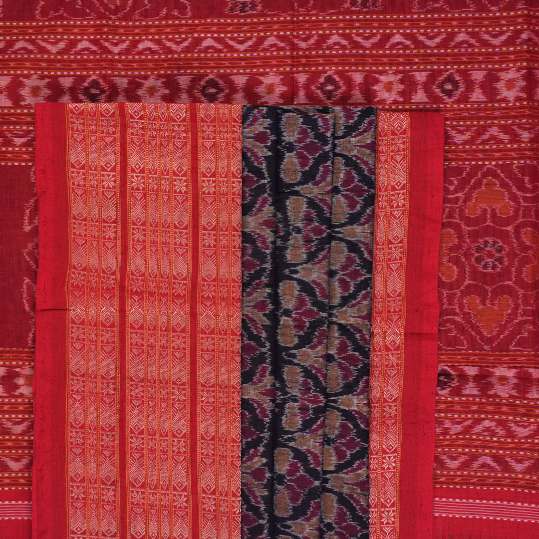 Full layout of a blue and red Sambalpuri cotton saree showcasing the complete pattern and border design.