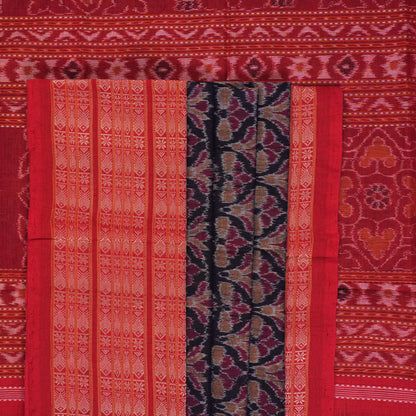 Full layout of a blue and red Sambalpuri cotton saree showcasing the complete pattern and border design.