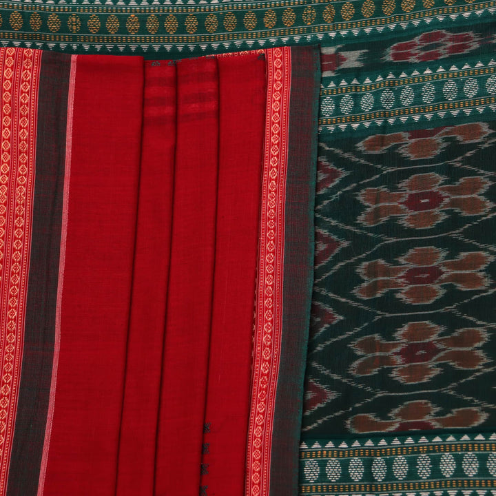 Full view of a red and green Bomkai cotton saree with a butta pattern