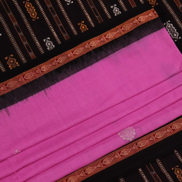 Full view of a pink and black Bomkai cotton saree with a butta pattern and intricate border.